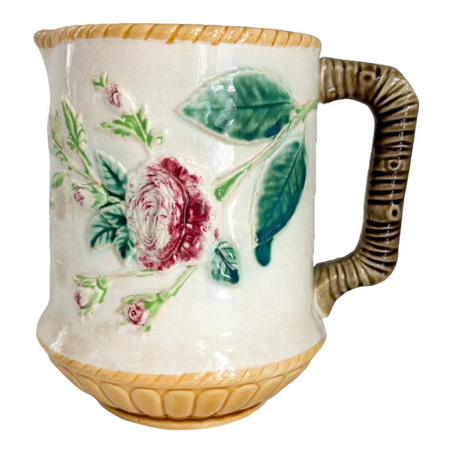 Antique English Rose Majolica Pitcher For Sale