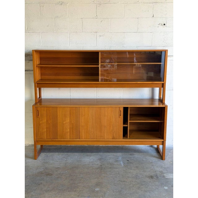 Brown Mid Century Modern Danish Teak Hutch Credenza Display Cabinet 2 Piece 1960s For Sale - Image 8 of 11