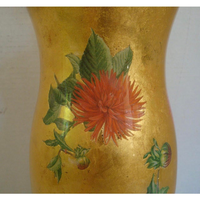 Chinoiserie Mid 20th Century Reverse Decoupage Hurricane Glass Lamp Dahlia Flowers on Goldleaf For Sale - Image 3 of 7