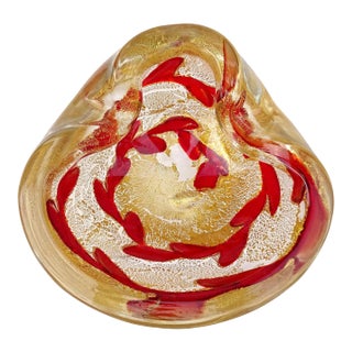 Vintage Barovier Toso Murano Heavy Gold Flecks Ruby Red Vines Italian Art Glass Ashtray Bowl For Sale