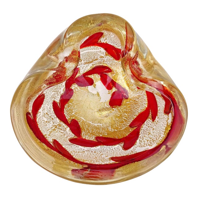Vintage Barovier Toso Murano Heavy Gold Flecks Ruby Red Vines Italian Art Glass Ashtray Bowl For Sale
