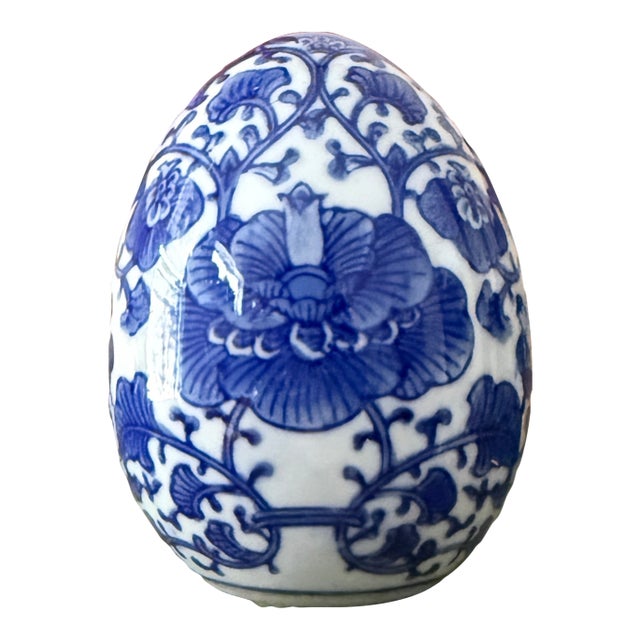 Vintage Blue and White Chinoiserie Porcelain Egg Decorative Accent For Sale