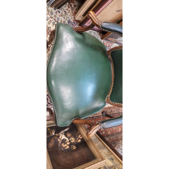 Antique French Green Leather Arm Chair For Sale - Image 12 of 13