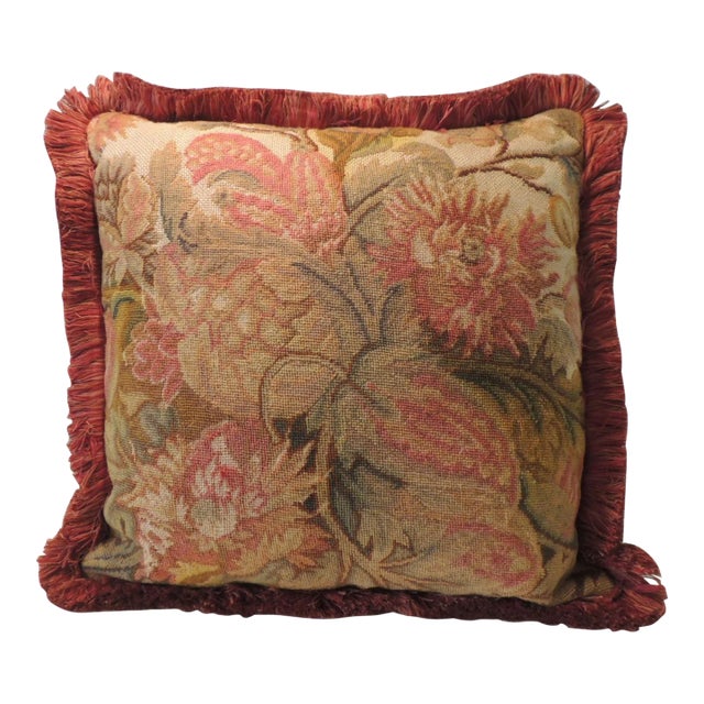 Vintage Orange and Gold Needlepoint Tapestry Square Decorative Pillow For Sale
