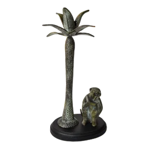 Late 20th Century Maitland Smith Style Bronze Reading Monkey Palm Leaf Tree Candle Holder