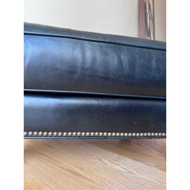 Transitional Lee Industries Custom Colonnade Blue Leather Ottoman With Nailhead Trim For Sale - Image 3 of 9