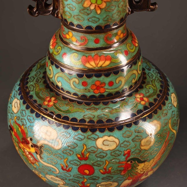 Metal Pair of Vintage Cloisonne Enamel Vases – 11.8" Dragon & Phoenix Bottle Vases For Sale - Image 7 of 10
