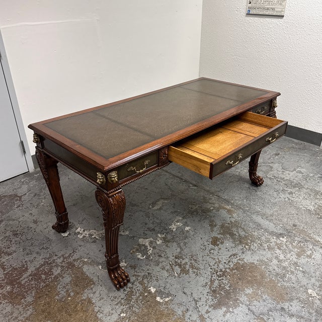 Wood Chippendale Revival Leather Top Writing Desk, Vintage For Sale - Image 7 of 12