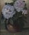 Charming mid c20th framed oil painting on canvas of leafy blue hydrangeas in a brown ceramic vase. Signedby the artist IB...