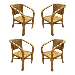 Restored Modern 2-Strand Rattan Armchair Dining Chair W/ Wicker Seat, Set of 4 For Sale