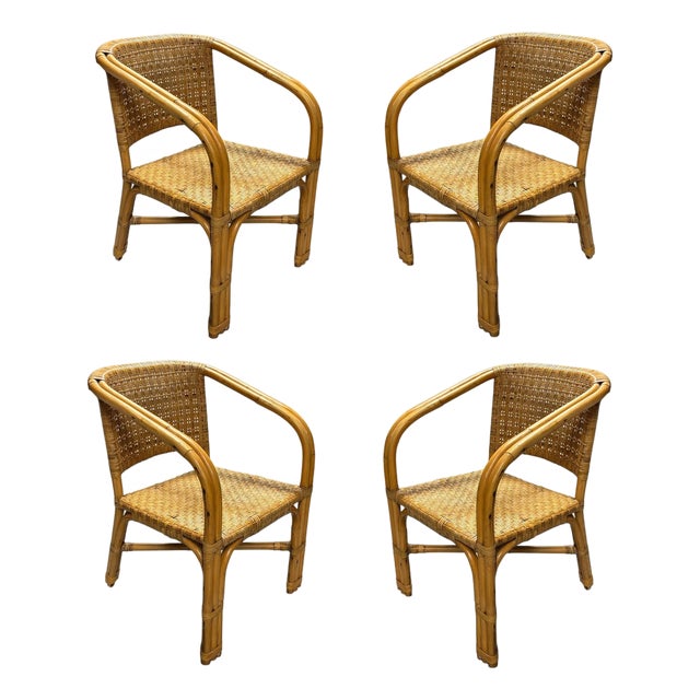 Restored Modern 2-Strand Rattan Armchair Dining Chair W/ Wicker Seat, Set of 4 For Sale