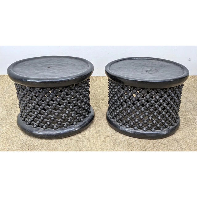 Pair of Mid 20th Century Pierced Carved Wood Stools For Sale In San Francisco - Image 6 of 10