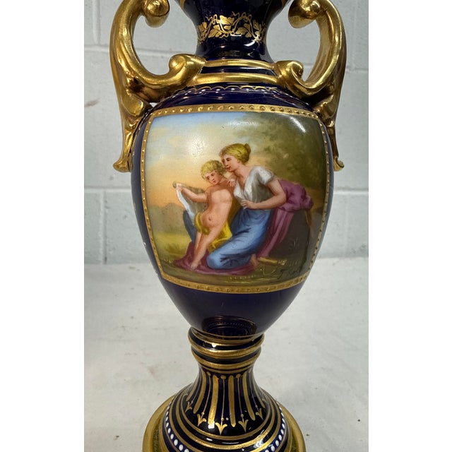 Antique Hand Painted Royal Vienna Porcelain Cobalt Gold Lidded Vase Mini Urn For Sale - Image 12 of 16