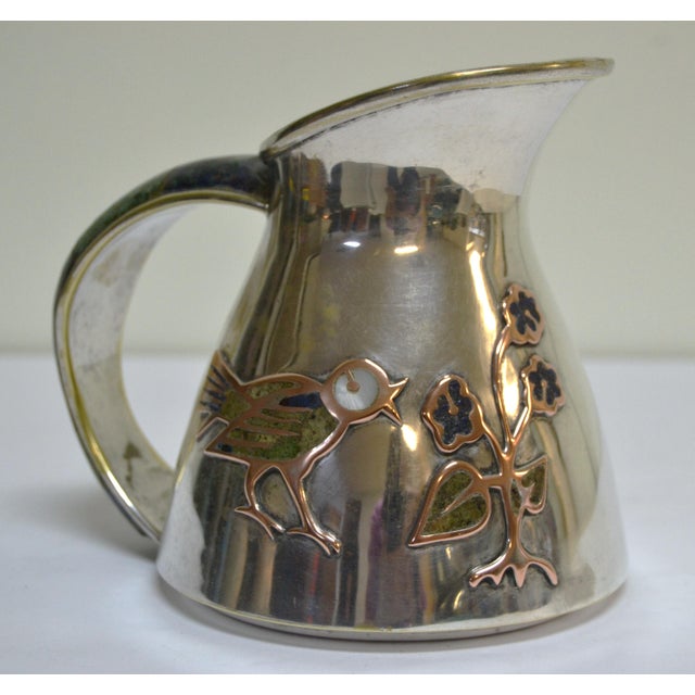 1960s Los Castillo Taxco Silver Plate Jug Pitcher With Stone Decor Bird Flowers For Sale - Image 12 of 12