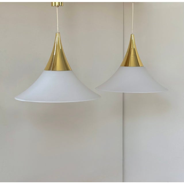 Pendant Lights in Brass and Opaline Glass from Limburg, Germany, 1970, Set of 2 For Sale - Image 3 of 8