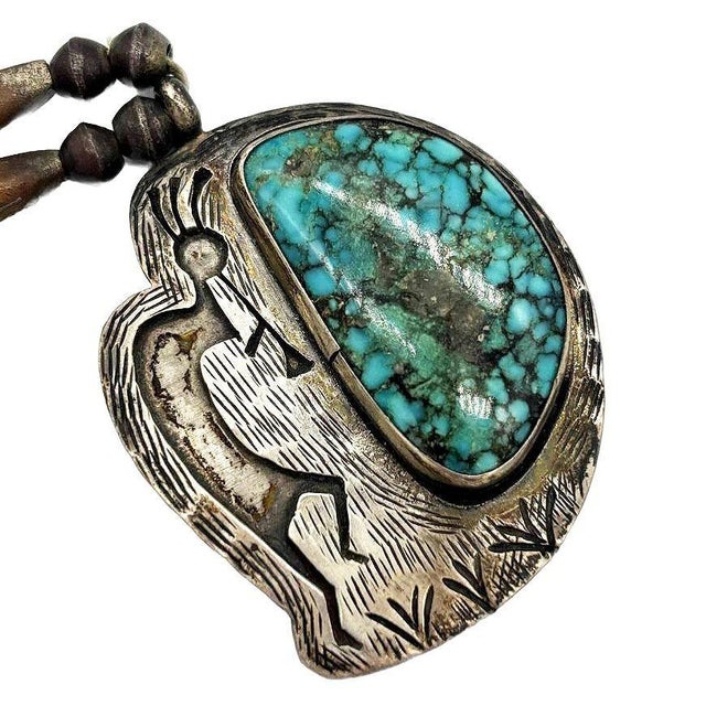 1990s South Western Navajo Kokopelli Sterling Silver Necklace W/ Large Turquoise Stone Signed R For Sale - Image 4 of 5