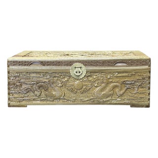 1990s Light Tan Brown Dragon Carving Camphor Wood Trunk Chest For Sale