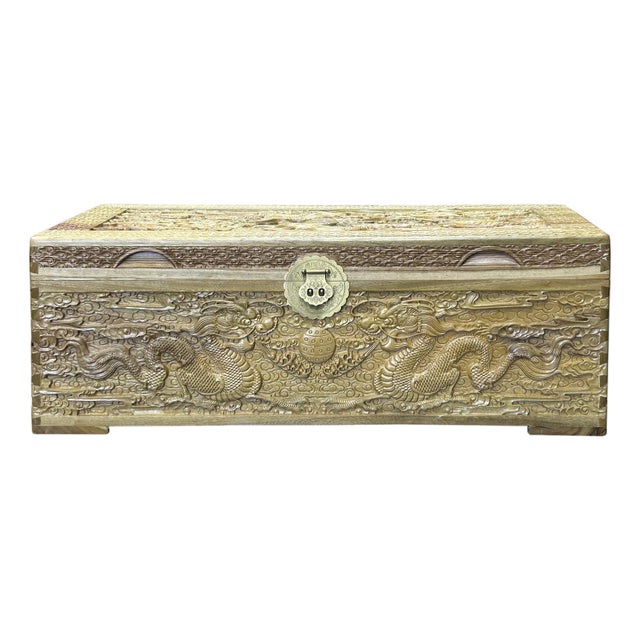 1990s Light Tan Brown Dragon Carving Camphor Wood Trunk Chest For Sale