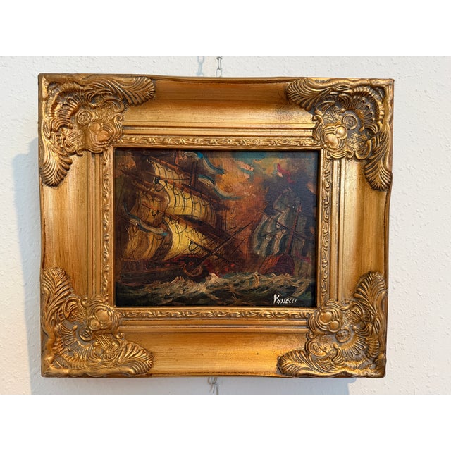 Brown Italian Vintage Maritime Ship Oil Painting Signed Vasselli Nautical Seascape For Sale - Image 8 of 9