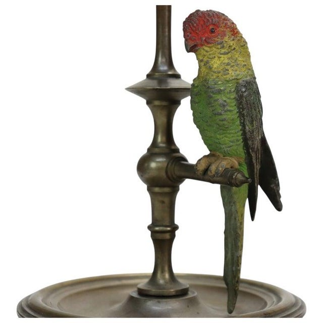 Art Nouveau Pair Antique Brass Candlesticks & Cold Painted Bergman Bronze Parrots C1920 For Sale - Image 3 of 11