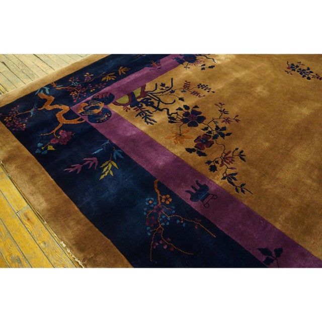 Textile 1920s Antique Large Yellow Floral Modern Chinese Art Deco Knotted Rug 11'9" X17' For Sale - Image 7 of 9