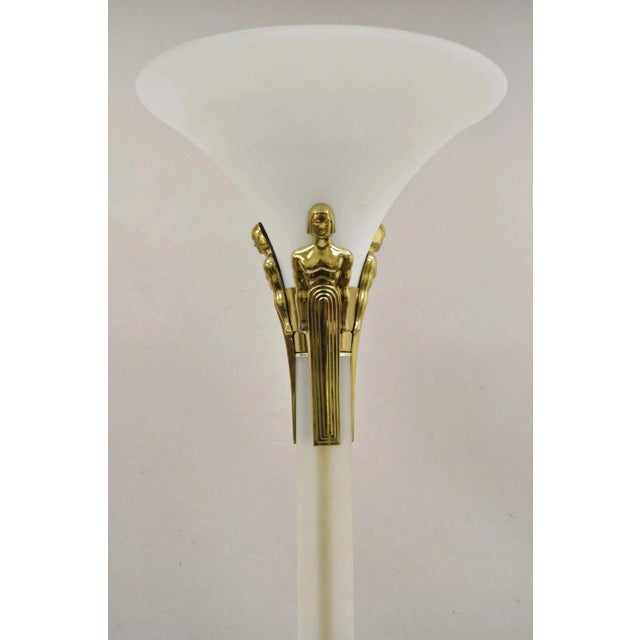 Vintage Postmodern Art Deco Style Figural Frosted Acrylic and Glass Torchiere Floor Lamp. Item features a glass torchiere...