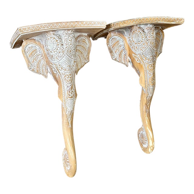 Vintage Regency Sculptural Elephant Carved Wood Wall Bracket Shelves-Pair For Sale
