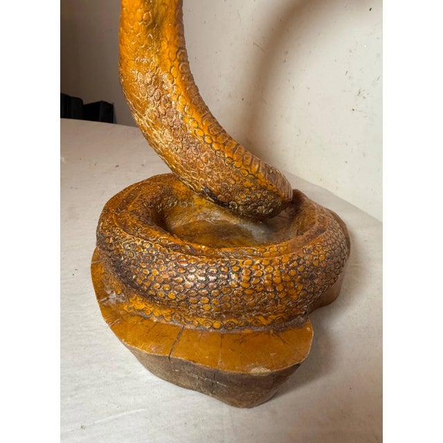 Antique Hand Carved Wood Glass Eyes Folk Art Snake Cobra Sculpture Statue Figure For Sale In New York - Image 6 of 14