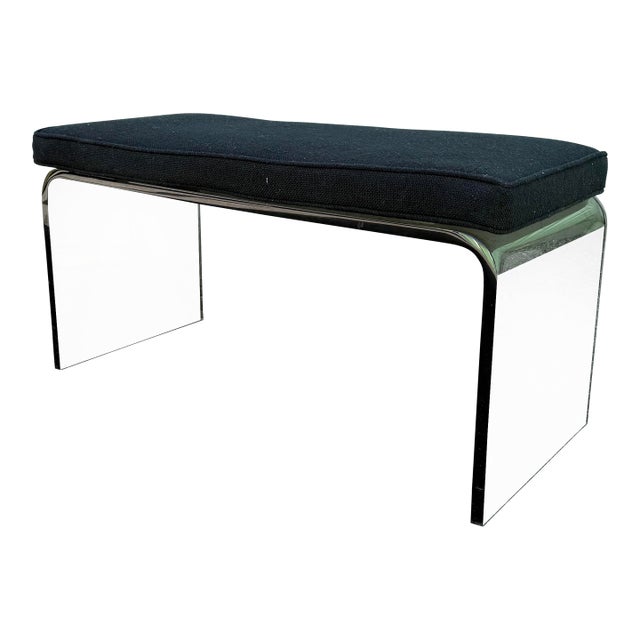 Mid Century Modern Smoked Lucite Waterfall Bench With Black Cushion For Sale