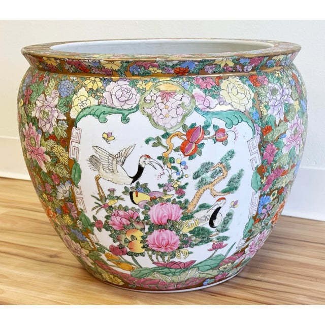 Vintage Mid 20th C Rose Mandarin fish bowl style planter with finely hand-painted background. Well painted and enameled...