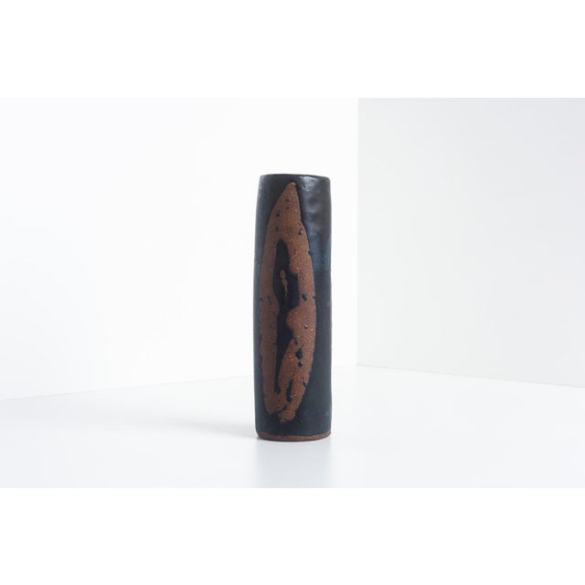 Ceramic 1960s Tall Tar Glazed Over Bisque Ceramic Vase Signed For Sale - Image 7 of 7