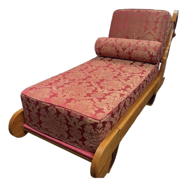 Mid-Century Sculpted Wood Bookshelf Chaise Lounge in Red & Gold Damask For Sale