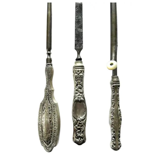 Metal Antique Silver Hair and Manicure Vanity Set For Sale - Image 7 of 7