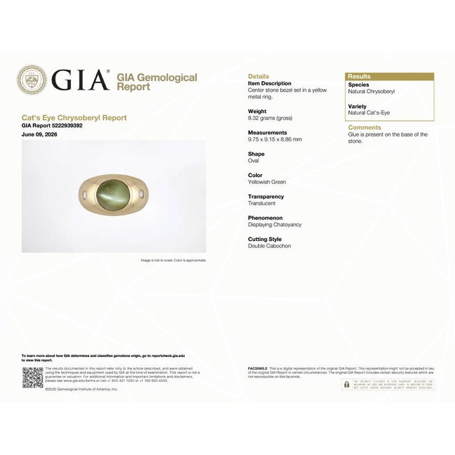 Modern 14ky Gold Gia Certified 7.11 Carat Natural Cat's Eye Chrysoberyl & Diamond Ring For Sale - Image 3 of 8