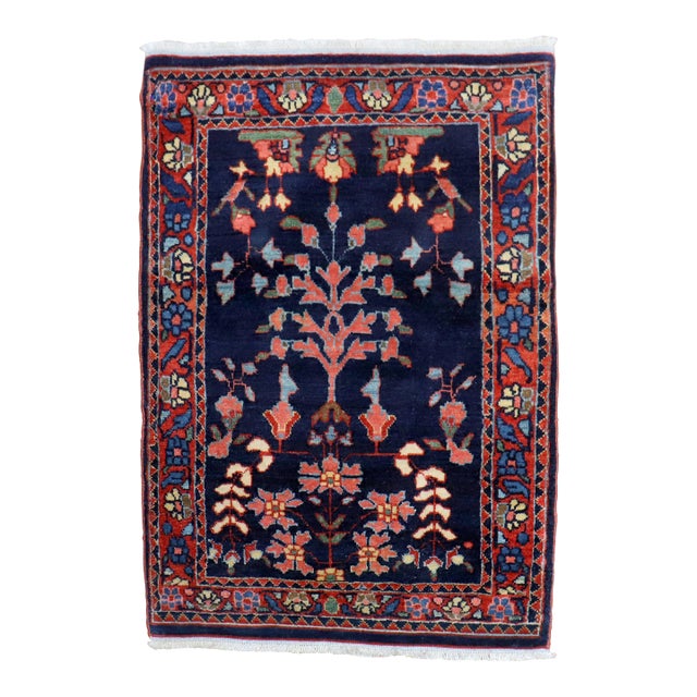 Early 20th Century Jewel Tone Navy Fine Sarouk Scatter Mini Rug For Sale