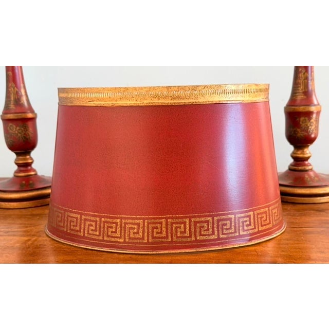 Elegant Red Chinoiserie Table Lamps With Red Tole Shades in the Style of John Rosselli, Pair For Sale - Image 13 of 13