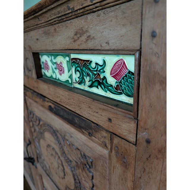 Stunning Antique Indonesian Carved Teakwood Cabinet With Majolica Ceramic Tiles For Sale - Image 10 of 14