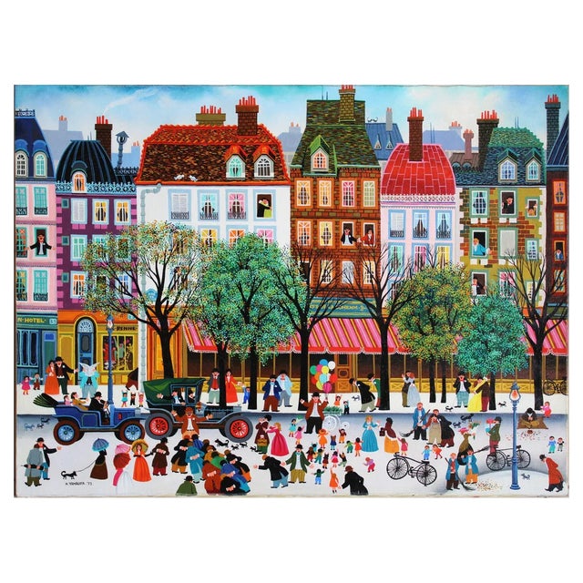 Hiro Yamagata, Lively Paris Street, 1973, Oil on Canvas For Sale