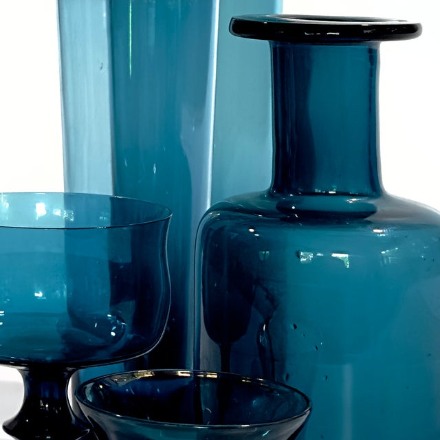 Mid-Century Modern Sophisticated Finnish Style Inky Blue Decorative Glass Vessel Curation - Group of 5 For Sale - Image 3 of 13