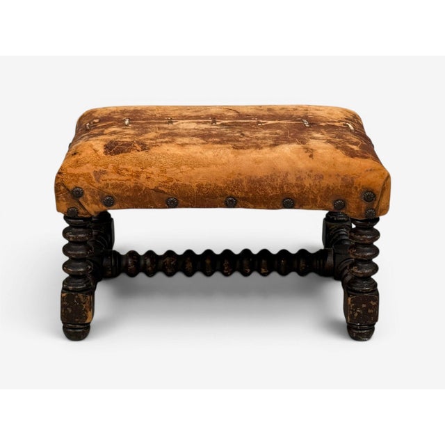 Baroque Baroque, Small Footstool, Leather, Turned Walnut, 19th C. For Sale - Image 3 of 12