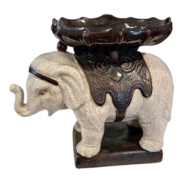 Vintage Glazed Ceramic Elephant Plant Stand With Decorative Bowl For Sale