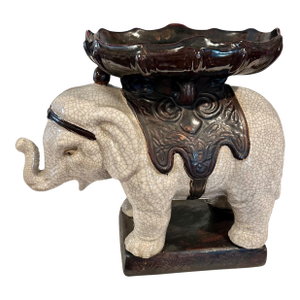 Vintage Glazed Ceramic Elephant Plant Stand With Decorative Bowl