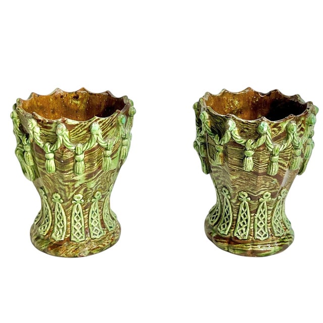 Majolica Pair Antique French Majolica Glazed Terracotta Jardinieres With Rope and Tassel Design For Sale - Image 4 of 17
