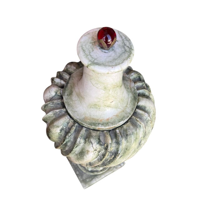 Neoclassical Antique Alabaster Urn With Carved Fluted Body & Red Glass Tipped Finial on Lid For Sale - Image 3 of 5