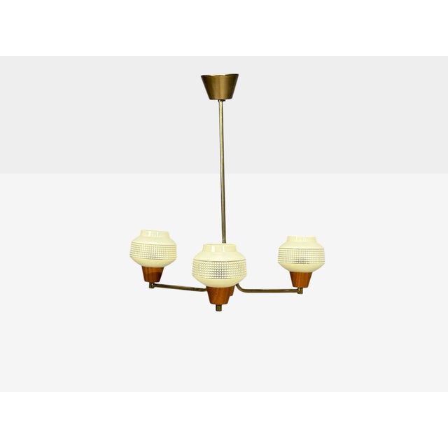 Mid-Century Modern Swedish Modern, Pendant Light, Brass Teak, Textured Glass, Sweden, 1950s For Sale - Image 3 of 9