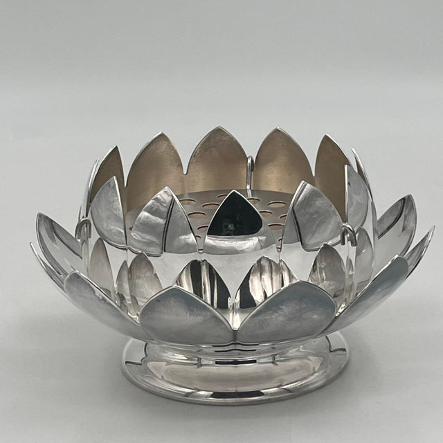 Silver Mid 20th Century Reed & Baron Silverplate Lotus Flower Vase Water Lily Centerpiece With Flower Frog For Sale - Image 8 of 12