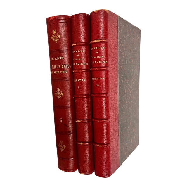 Antique French Red Leather Bound Books - Set of 3 For Sale