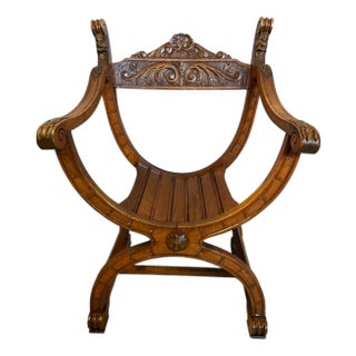 Renaissance Style Curule Armchair in Carved Walnut, 1890s For Sale