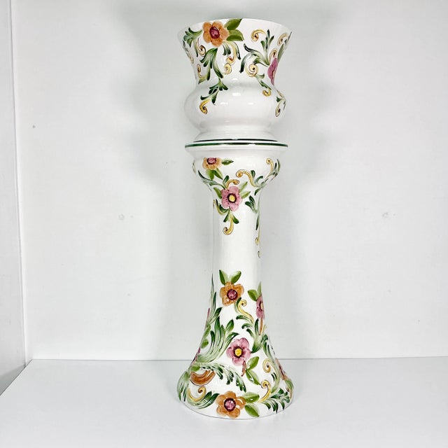 Vintage Portuguese Mediterranean Hollywood Regency Ceramic Planter & Stand - 2 Piece Set. For Sale - Image 12 of 13