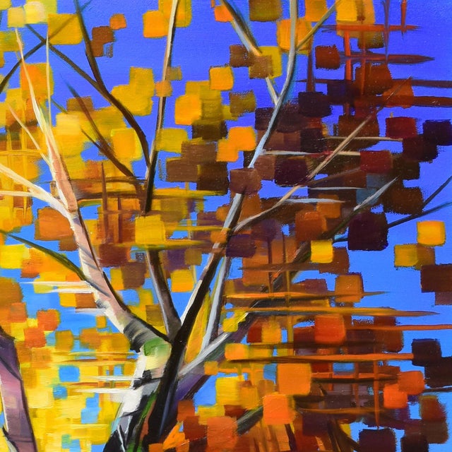 Strength and Beauty by Michelle Condrat | Oil on board Tree with vibrant autumn leaves against blue sky For Sale - Image 4 of 5